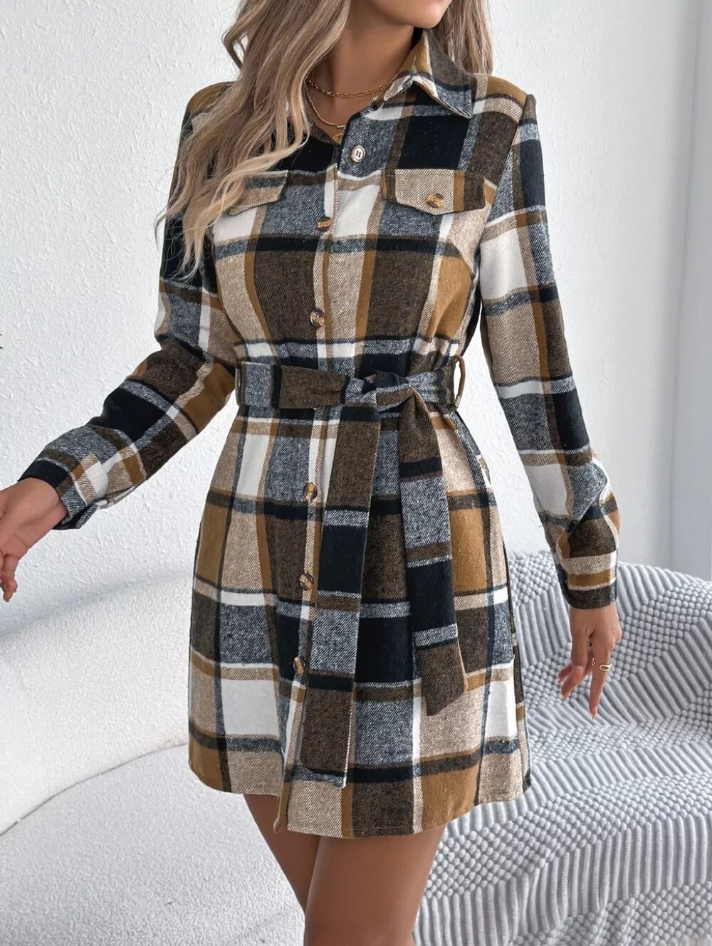 Plaid Khaki Belted Shirt Dress